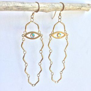 Rhinestone Evil Eye — Long Gold Chain Earrings
